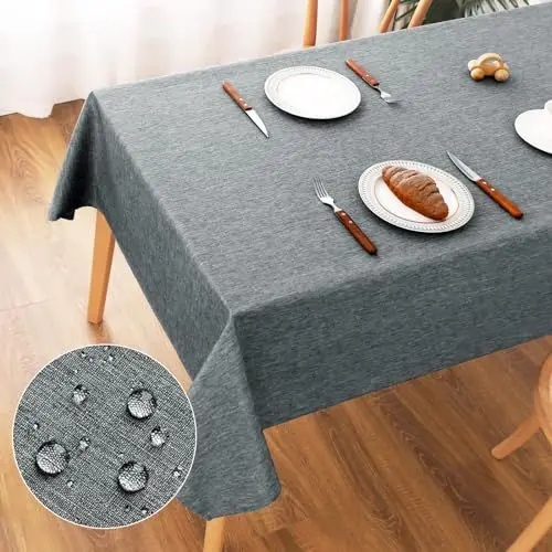 Produktbild: AooHome Tischdecke Abwaschbar, Grau Tischdecken 135x180cm Leinen-Optik Tischtuch aus Polyester Wasserabweisend mit Lotuseffekt, Dauerhaft Kratzfest für Wohnzimmer, Esszimmer, Balkon, Garten
