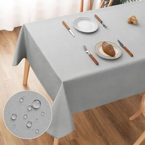 Produktbild: AooHome Tischdecke Abwaschbar, Hellgrau Tischdecken 135x180cm Leinen-Optik Tischtuch aus Polyester Wasserabweisend mit Lotuseffekt, Dauerhaft Kratzfest für Wohnzimmer, Esszimmer, Balkon, Garten