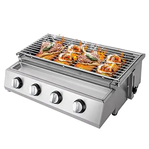 Produktbild: AOOUNGM Edelstahl Gasgrill mit 4 Brennern & Höhenverstellung, 55x23cm Große Grillfläche BBQ Grill, Gas Grill LPG mit 4 unabhängige Schalter, Gasgrill mit Keramikheizer für Garten, Balkon, Camping