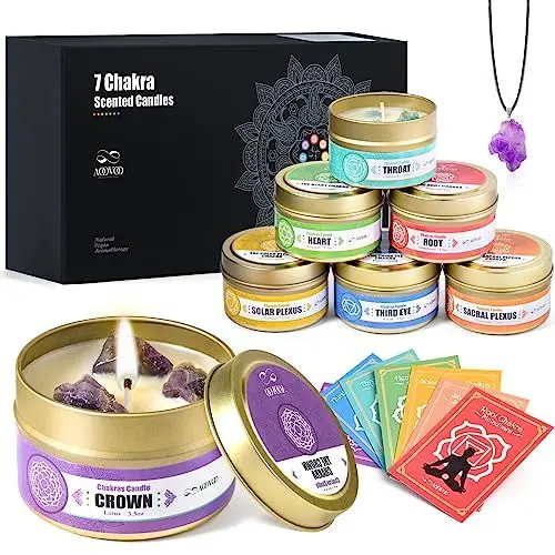 Produktbild: AOOVOO Chakra Kerze mit Heilkristallen - 7 Chakra-Kristall-Set, Spirituelle Geschenke für Frauen, Kristalle und Heilsteine Set, Soja-Wachs-Kerzen