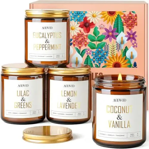 Produktbild: AOOVOO Duftkerzen Geschenkset - 4x 255g, Natürlich Sojawachs, Handgemachte Duftkerze im Glas für Home Scented, Hochwertige Aromatherapie Kerzen Geschenkset für Frauen, Brenndauer 200 Stunden