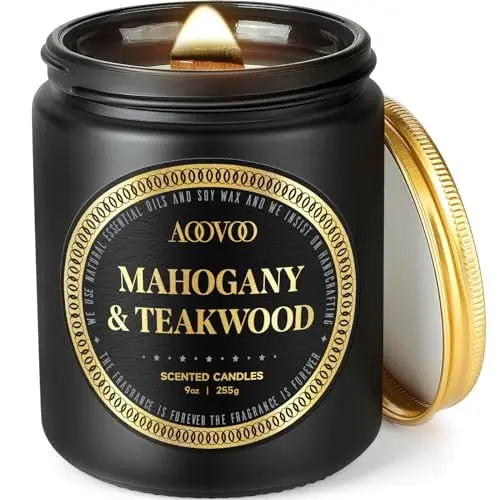 Produktbild: AOOVOO Duftkerzen Männer im Glas - Mahagoni & Teakholz duftend, Holzdocht Natürliche Sojawachskerze Geschenk für Frauen Männer, 255g, 50 Stunden Brenndauer