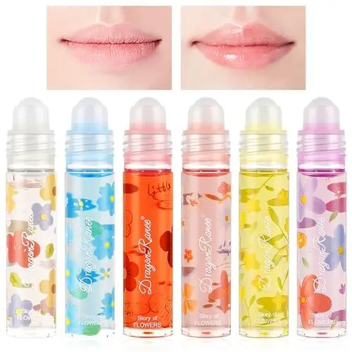 Produktbild: AOOWU Glitzer-Lipgloss Aufrollen, Farblos Roll on Lip Glow Oil Durchsichtig, 6 Stäbchen Moisturizing Lippenöl, Lip Gloss für Langanhaltend Glossy Pflegende Lippen (Blumen)