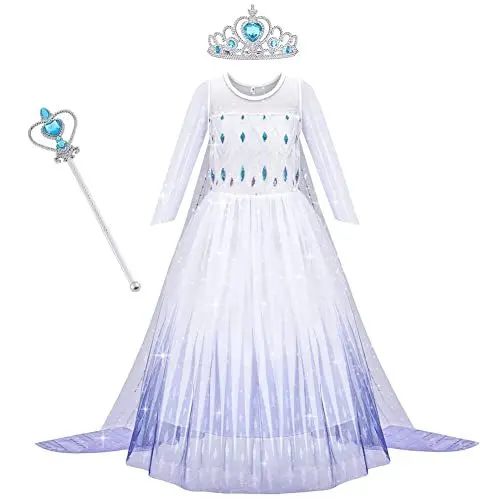 Produktbild: AOOWU Kostüm Kinder Mädchen Prinzessin Kleid Kinder Dress mit Krone Zauberstab Party Verkleidung Karneval Halloween Weihnachten Kostüm (150CM)