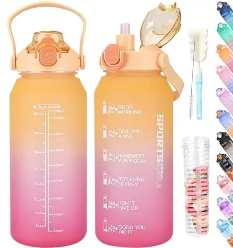 Produktbild: AOPREL Trinkflasche 2l, Wasserflasche mit Strohhalm & Früchtebehälter, Trinkflasche Sport Kohlensäure Geeignet, BPA Frei Auslaufsicher Sportflasche mit Zeitmarkierung für Fitness, Yoga und Outdoor