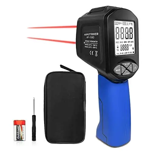 Produktbild: AOPUTTRIVER AP-1580 Infrarot-Thermometer, Temperaturbereich -58 °F bis 2876 °F mit DS 30:1 Hochtemperatur-Thermometer mit einstellbarem Emissionsgrad, Hintergrundbeleuchtung für HVAC-Pizzaöfen