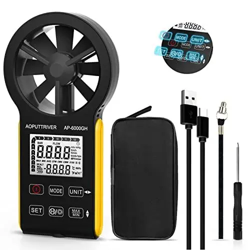 Produktbild: AOPUTTRIVER AP-6000GH Windmesser Luftdurchflussmesser Anemometer, Touch-Button Anemometer CFM Meter mit Temperatur (℃/℉), 5 Einheiten, Data Hold für Luftvolumen, HVAC-Lüftungen, Bootssegeln, Schießen