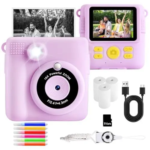 Produktbild: AORILE Kinderkamera, Sofortbildkamera für Kinder, 1080P HD-Digitalkamera mit 32G SD-Karte, 3 Rollen Fotopapier und 6 Farbstiften, für 3–14 Jahre alte Mädchen