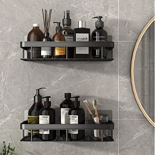 Produktbild: AOSEE 2 Stück Duschablage ohne Bohrungen, Duschkörbe Ablagen Wandablage Mit 10pcs S Haken, Duschkorb Badregal Badezimmer Regal Selbstklebend,Space Aluminium,Rostfrei (Schwarz)