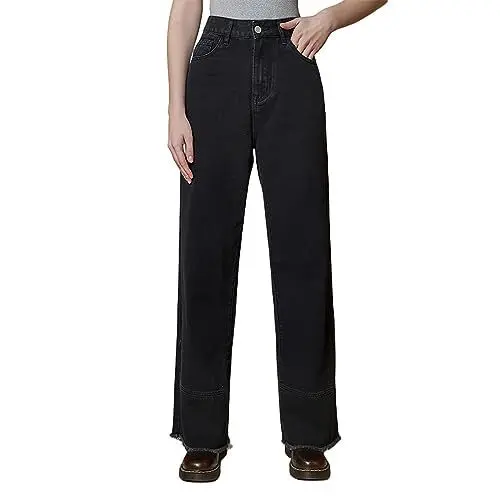 Produktbild: Aoseiens Damen Jeanshose Gerader Schnitt Damen-Denimhose mit schwarzem Saum Fransen, hoher Taille, Gesäß geradem Bein Damen Jeans mit Weitem Bein (Black, S)