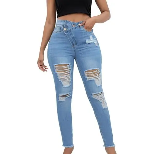 Produktbild: Aoseiens Damen Jeanshose Zerrissen Destroyed Damen Jeans hohe Taille Distressed Stretch Hose Klassische Distressed Jeans für Damen Damen Jeans Destroyed Zerrissen Chunkyrayan (Light Blue XS)