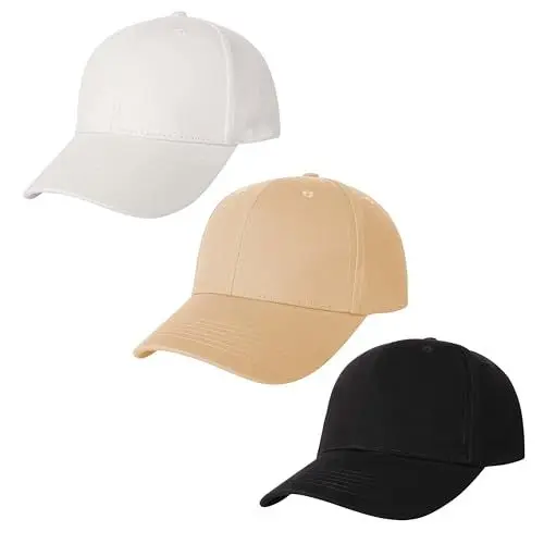 Produktbild: AOSMI Baseballmütze, einfarbig, Baumwolle, mit Riemen, verstellbar, Einheitsgröße, passend für die meisten flachen Teamballkappen für Männer und Frauen, 3 Stück, Schwarz, Weiß, Khaki, M/L