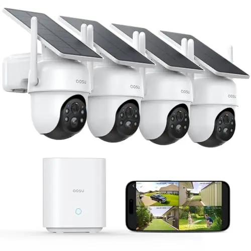 Produktbild: AOSU 2K Überwachungskamera Aussen Solar Akku, 4 Cam-Kit & HomeBase, Keine Gebühren, 360° Panorama Kabellose Kamera, 32GB Lokaler Speicher, Auto-Tracking, Farb-Nachtsicht, 2 Wege Audio, 5G & 2.4G WLAN