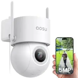 Produktbild: AOSU 3K 5MP Überwachungskamera Aussen,Kabel WLAN Kamera Outdoor Überwachung außen Mit 400Lm Spotlight Full Color Nachtsicht 360° PTZ Ansicht IP Kamera Outdoor, 24/7 Aufzeichnung, Fahrzeugschutz