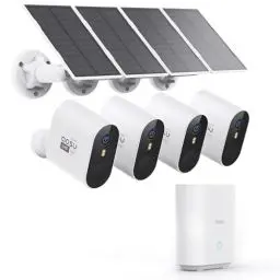 Produktbild: AOSU 3K Überwachungskamera Aussen Solar Akku Set, 5MP 4er Kamera Outdoor WLAN Überwachungs Außen Schärfer als 2K, Ohne ABO, 32G Lokale Homebase, Farb-Nachtsicht, Aussenkamera, Automatische Verfolgung