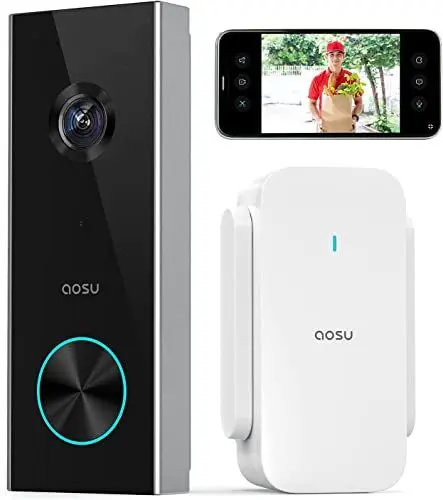 Produktbild: AOSU Türklingel mit Kamera 2K Video Türklingel, Verschlüsselte Speicherung, K.I. Personenerkennung mit AI, Gebührenfrei, batteriebetrieben, Arbeit mit Alexa, Mühelose Installation