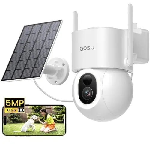 Produktbild: AOSU 3K 5MP Überwachungskamera Aussen Solar Akku, 360° PTZ, 2-in-1 Überwachung und Beleuchtung, AI-Erkennung Person Auto Haustier Zaun, Licht- & Alarmton, Vollautomatisches Tracking, Farb-Nachtsicht