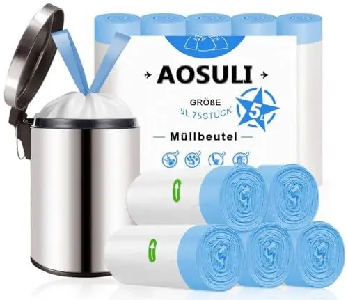 Produktbild: AOSULI Müllbeutel 5Liter mit Zugband Kleine Müllsäcke für Badezimmer Büro,75 Stück Weiß Mülltüten