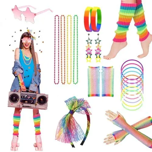 Produktbild: AOT 80er Jahre Outfit Damen,80er jahre accessoires,Mottoparty 80er Jahre Outfit Neon Party Outfit Stirnbänder, Halsketten, Ohrringe, Beinstulpen, Brillen, Armbänder, Netzhandschuhe, Armbänder