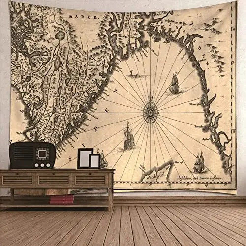 Produktbild: Aotiwe Aesthetic Wandteppich, Wanddekoration Bad Kompass und Karte aus Polyester Khaki 300X260Cm für Wohnung