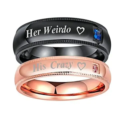 Produktbild: Aotiwe Bandring Frauen, Verlobungsring Paar Versprechen Graviertes Herz Her Weirdo and His Crazy mit CZ Edelstahl Rosa Gold Schwarz W 49 &M 62