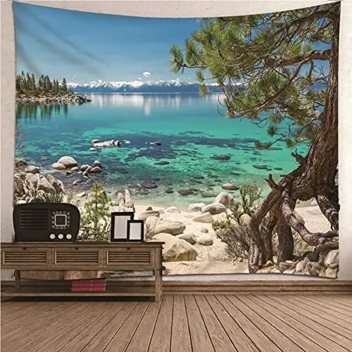 Produktbild: Aotiwe Hleane Wandteppich, Home Wanddekoration Bäume Berge und Meer aus Polyester Blau Grün 350X256Cm für Wohnung