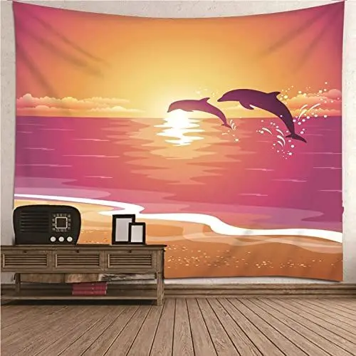 Produktbild: Aotiwe Tapisserie Bunt, Wanddekoration Groß Meeresdelfin aus Polyester Orange Gelb 150X130Cm für Wohnung