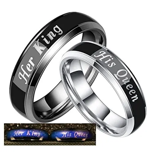 Produktbild: Aotiwe Verlobungsring, Hochzeit Geschenke mit Gravur Her King and His Queen Edelstahl Silber Schwarz W 60 &M 62