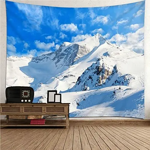 Produktbild: Aotiwe Wandtuch Tapisserie, Bad Wanddekoration Schneeberg und Himmel aus Polyester Weiß Blau 200X200Cm für Wohnung