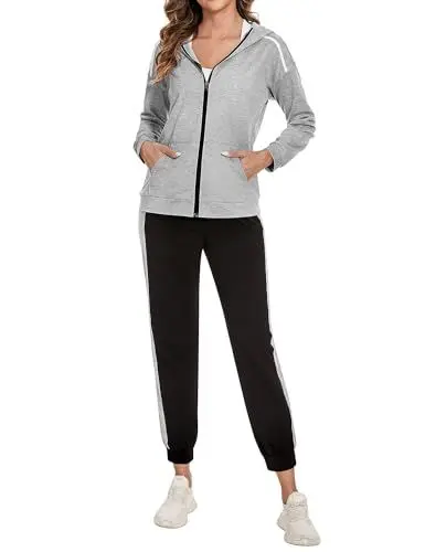 Produktbild: Aottori 2 Teiler Hosenanzug Damen Elegant Zweiteiler Outfit Sommer Trainingsanzug Freizeitanzug mit Taschen Sportanzug Leicht Einfarbig Loungewear Grau L
