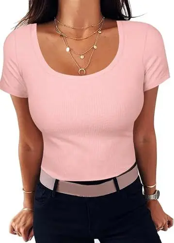 Produktbild: Aottori Basic Shirt Damen Kurzarm T-Shirt Rundhals Sommer Oberteile Slim Fit Kurzarmshirt Eng Tops Tee Shirts Elegant Rosa L