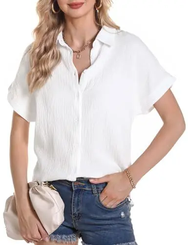 Produktbild: Aottori Damen Hemd Freizeit Bluse Baumwolle Elegant Hemdbluse zum Knöpfen V-Ausschnitt Casual Weiß L