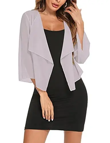 Produktbild: Aottori Bolero Damen Chiffon Schulterjacke mit 3/4 Ärmel Elegant Bolerojacke Festlich Sommer Cardigan Leichte Transparent Hochzeit Grau L