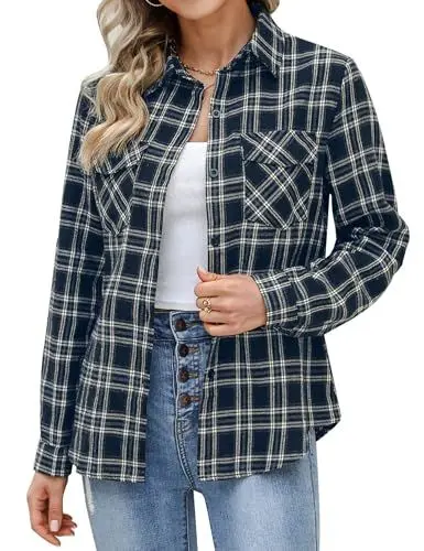 Produktbild: Aottori Damen Baumwolle Hemd Kariertes Karo-Hemd Langarm Button-down V-Ausschnitt Karohemd Bluse Tunika Tops Hemd T-Shirt Casual Freizeit Sommer Blusenshirt A-Marine Weiß M