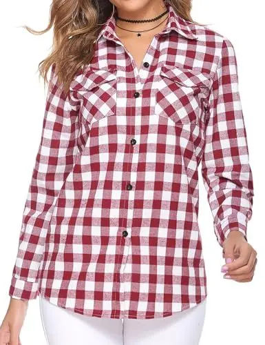 Produktbild: Aottori Damen Baumwolle Hemd Kariertes Karo-Hemd Langarm Button-down V-Ausschnitt Karohemd Bluse Tunika Tops Hemd T-Shirt Casual Freizeit Sommer Blusenshirt Weinrot S