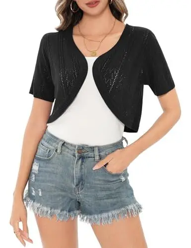 Produktbild: Aottori Damen Bolero Elegant Strickjacke Kurz Sommerjacke Kurzarm Schulterjacke Festlich Strick Shrug Top Casual zum Kleid für Hochzeit Schwarz L