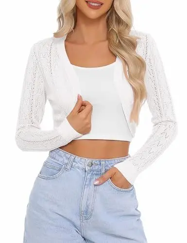 Produktbild: Aottori Damen Bolero Elegant Strickjacke Kurz Sommerjacke Langarm Schulterjacke Festlich Strick Shrug Top Casual zum Kleid für Hochzeit Weiß L