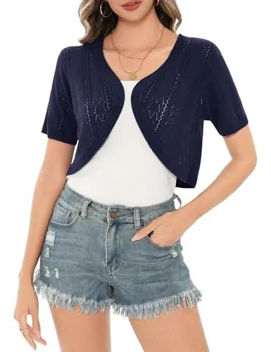Produktbild: Aottori Damen Bolero Festliche Bolerojacke Kurzarm Elegant Strickjacke Kurz Sommer Cardigan Kurz Leichte Open Front Shrug für Hochzeit Navyblau S