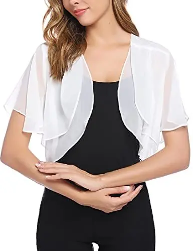 Produktbild: Aottori Damen Chiffon Bolero Festlich ärmellos Elegant Shrug Top Kurze Strickjacke Cardigan Open Front Bolerojacke Schulterjacke Weiß XL