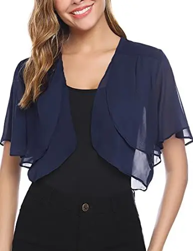Produktbild: Aottori Damen Chiffon Bolero Festlich ärmellos Elegant Shrug Top Kurze Strickjacke Cardigan Open Front Bolerojacke Schulterjacke Navy Blue S