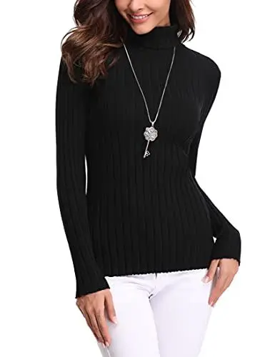 Produktbild: Aottori Damen Elegant Pullover Strickwaren Rollkragenpullover Hals Langarm Ribbed Strick Pullover Tops Schwarz S