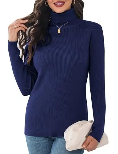 Produktbild: Aottori Damen Elegant Rollkragen Pullover Slim Fit Langarm Strickwaren Rollkragenpullover Einfarbig Strickpullover für Winter Ribbed Strick Pullover Tops Marine M