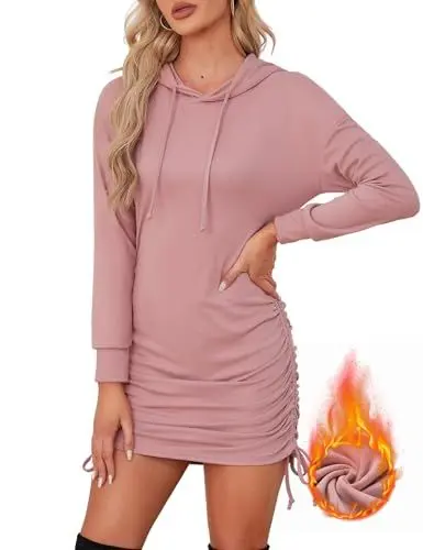 Produktbild: Aottori Damen Hoodie Kleid Lang Sweatkleid Langarm Kapuzenpullover Tunika Sweatshirt Kleid Elegant Kapuzenpulli mit Kordelzug für Herbst Winter Rosa M