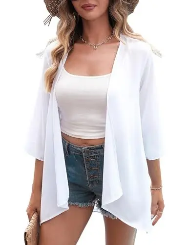 Produktbild: Aottori Damen Lang Chiffon Bolero Sommer Boho Leicht Casual 3/4 Ärmel Cardigan Strickjacke Offene Front Strand Kimono Florale Beachwear Bikini Cover up Shawl Bluse Oberteil Tops Weiß-2 M