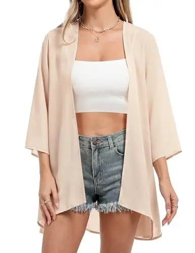 Produktbild: Aottori Damen Lang Chiffon Bolero Sommer Boho Leicht Casual Cardigan Strickjacke Offene Front Strand Kimono Florale Beachwear Bikini Cover up Shawl Bluse Oberteil Tops Aprikose L 1