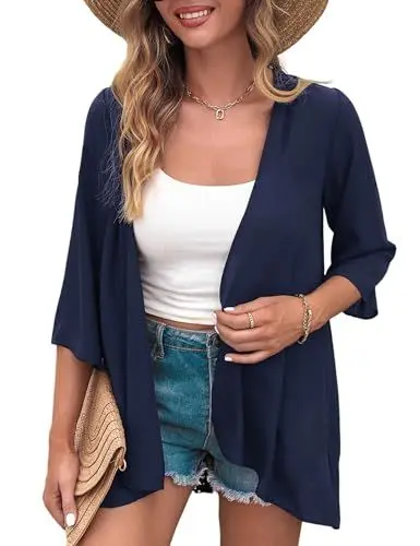 Produktbild: Aottori Damen Lang Chiffon Bolero Sommer Boho Leicht Casual Cardigan Strickjacke Offene Front Strand Kimono Florale Beachwear Bikini Cover up Shawl Bluse Oberteil Tops Marine-2 XL