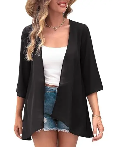 Produktbild: Aottori Damen Lang Chiffon Bolero Sommer Boho Leicht Casual Cardigan Strickjacke Offene Front Strand Kimono Florale Beachwear Bikini Cover up Shawl Bluse Oberteil Tops Schwarz-2 S 1