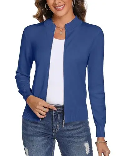 Produktbild: Aottori Damen Langarm Stehkragen Strickjacke Pullover Cardigan mit Reißverschluss Sweatshirt Casual Einfarbig Strickmantel Freizeit Jacket Outerwear Blau L