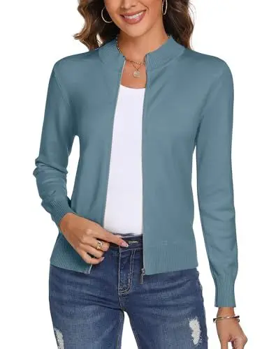 Produktbild: Aottori Damen Langarm Stehkragen Strickjacke Pullover Cardigan mit Reißverschluss Sweatshirt Casual Einfarbig Strickmantel Freizeit Jacket Outerwear Grau Blau L
