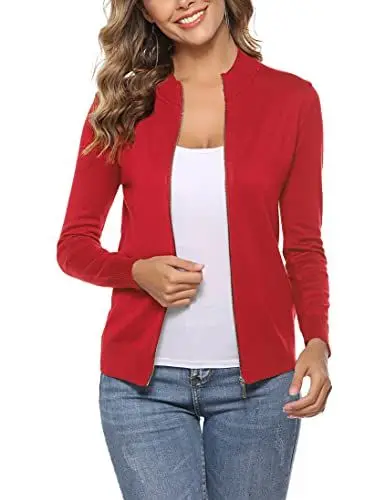 Produktbild: Aottori Damen Langarm Stehkragen Strickjacke Pullover Cardigan mit Reißverschluss Sweatshirt Casual Einfarbig Strickmantel Freizeit Jacket Outerwear Rot S